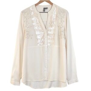 ANU Sequin Embroidered Top‎ Women's Sz S Cream Long Sleeve V-Neck Blouse EC